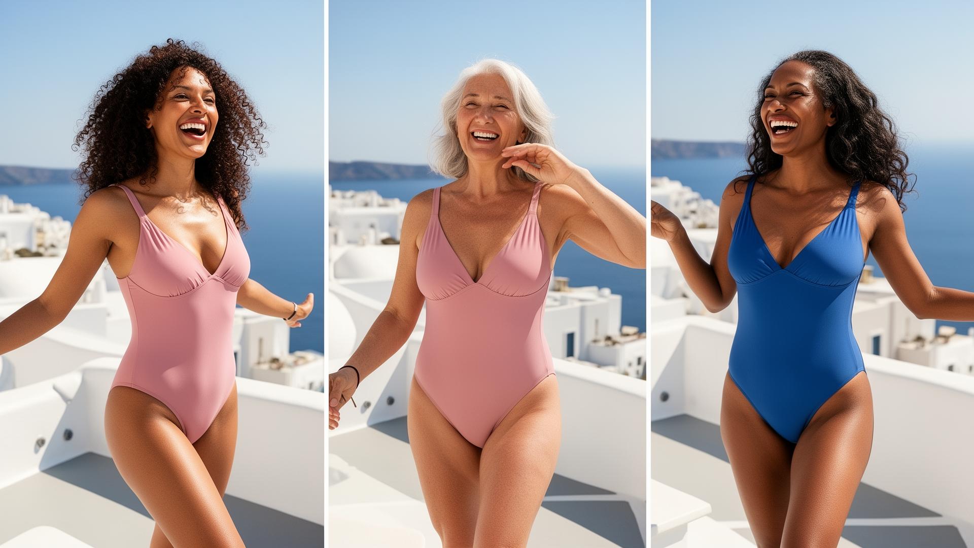 Three women of different ages and backgrounds in Aphrodite swimwear
