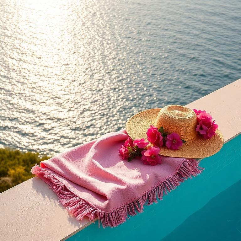 Pink linen towel and bougainvillea by an infinity pool