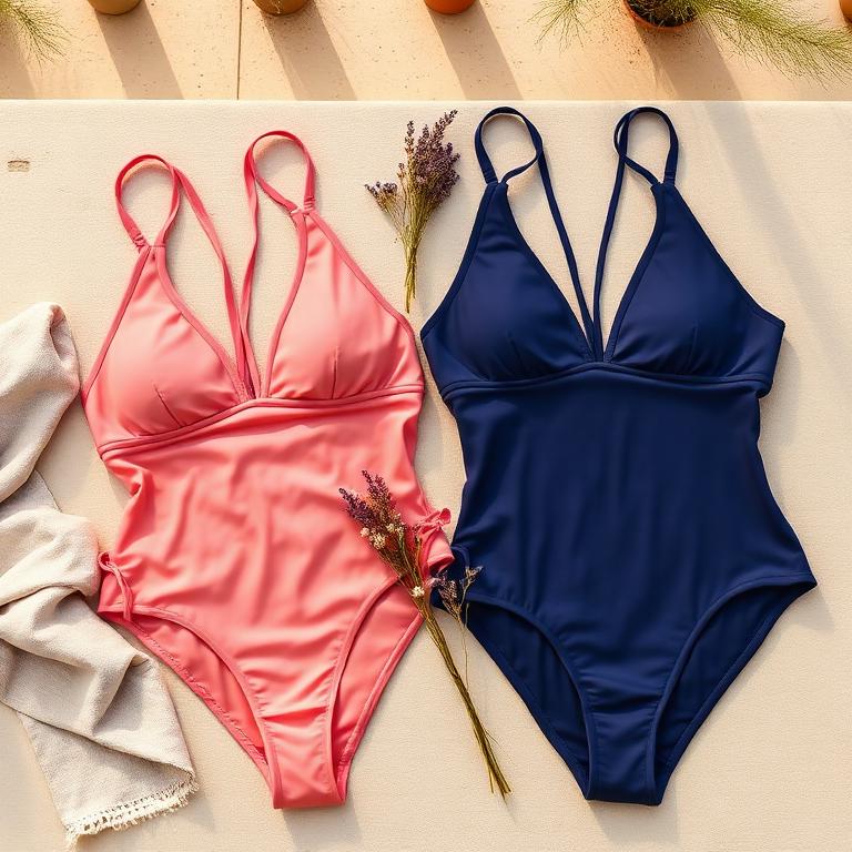 Coral and navy swimsuits flat-lay with dried flowers